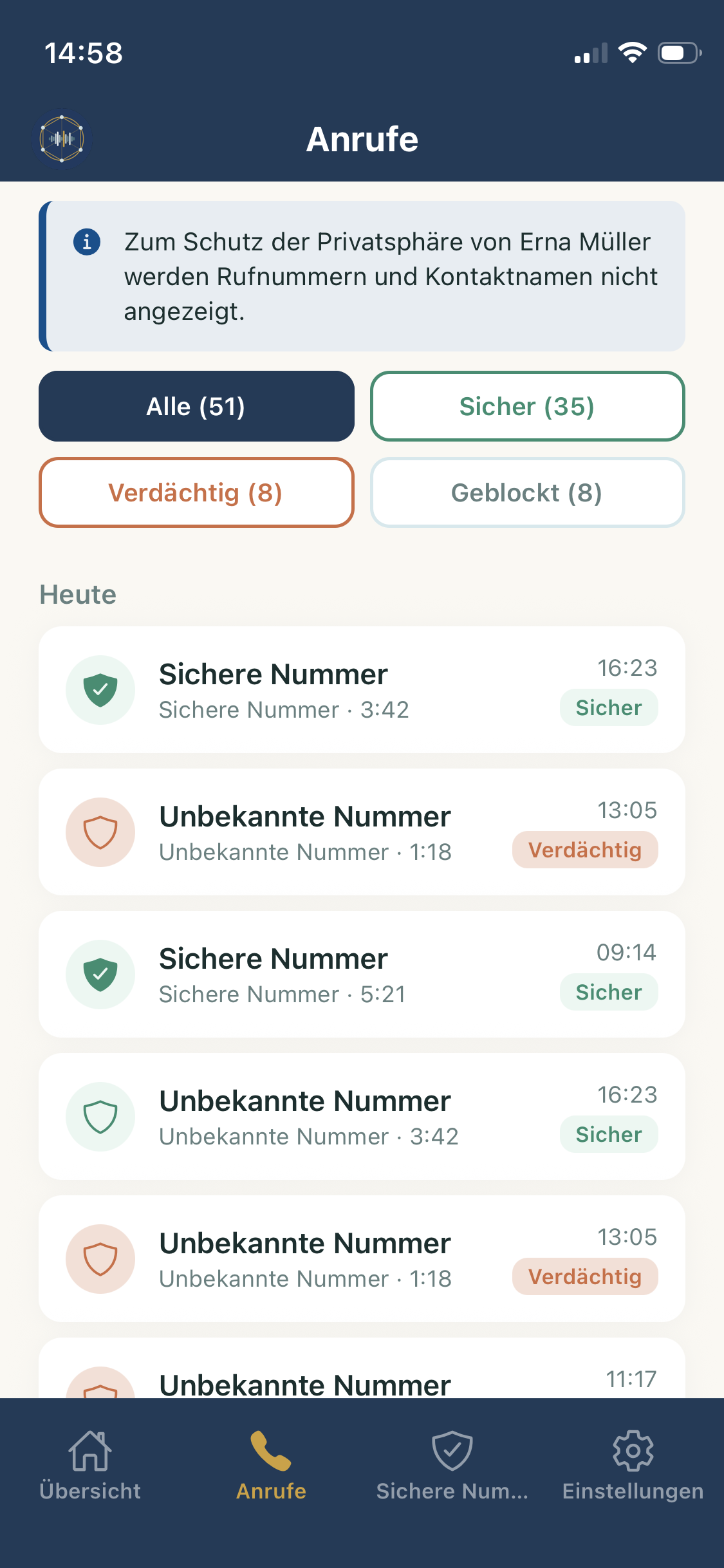 Anrufliste in der Circura Wächter App