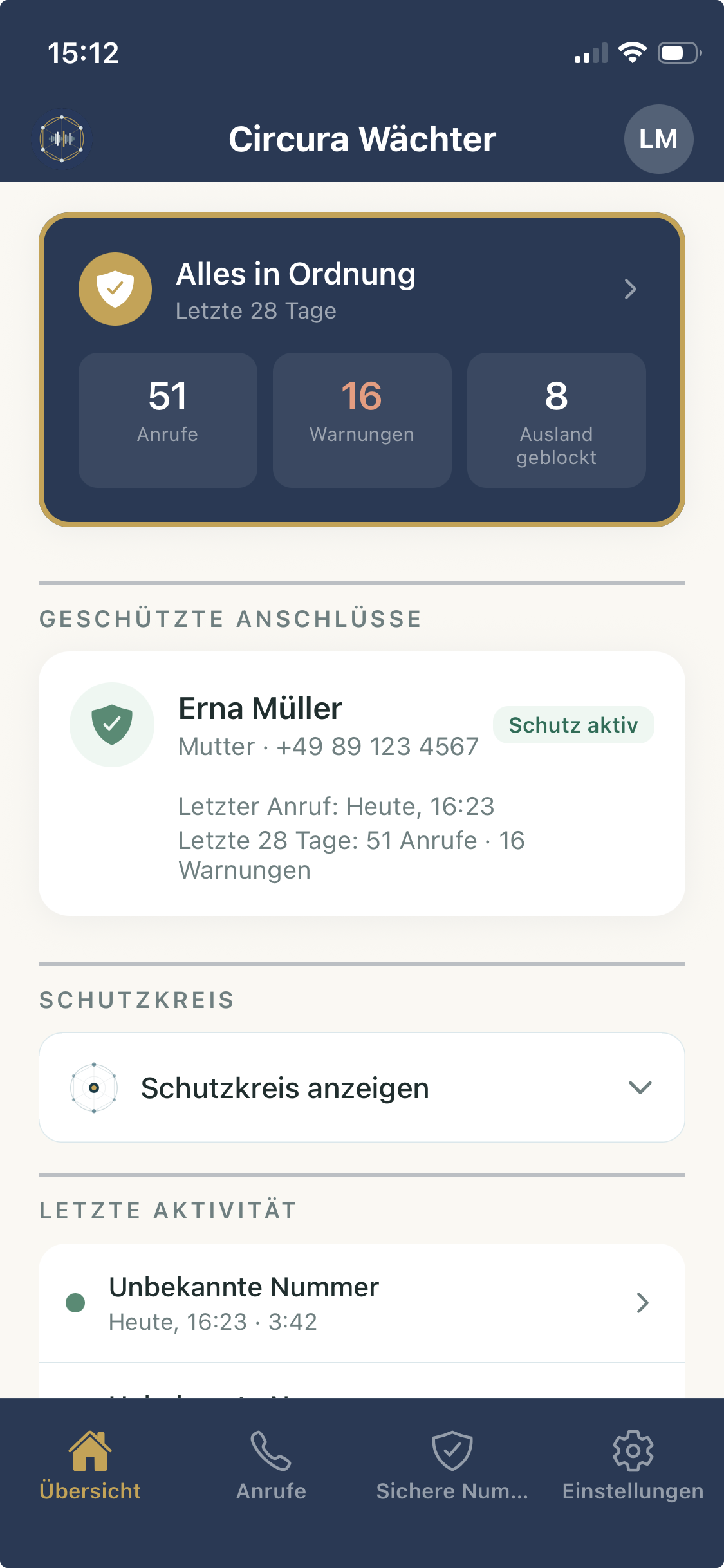 Dashboard der Circura Wächter App